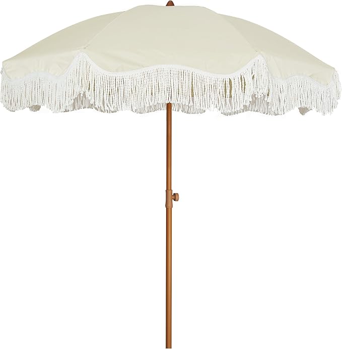 Boho Fringe Umbrella Outdoor Patio, 6.5ft UPF50+ Picnic Umbrella with Tassels