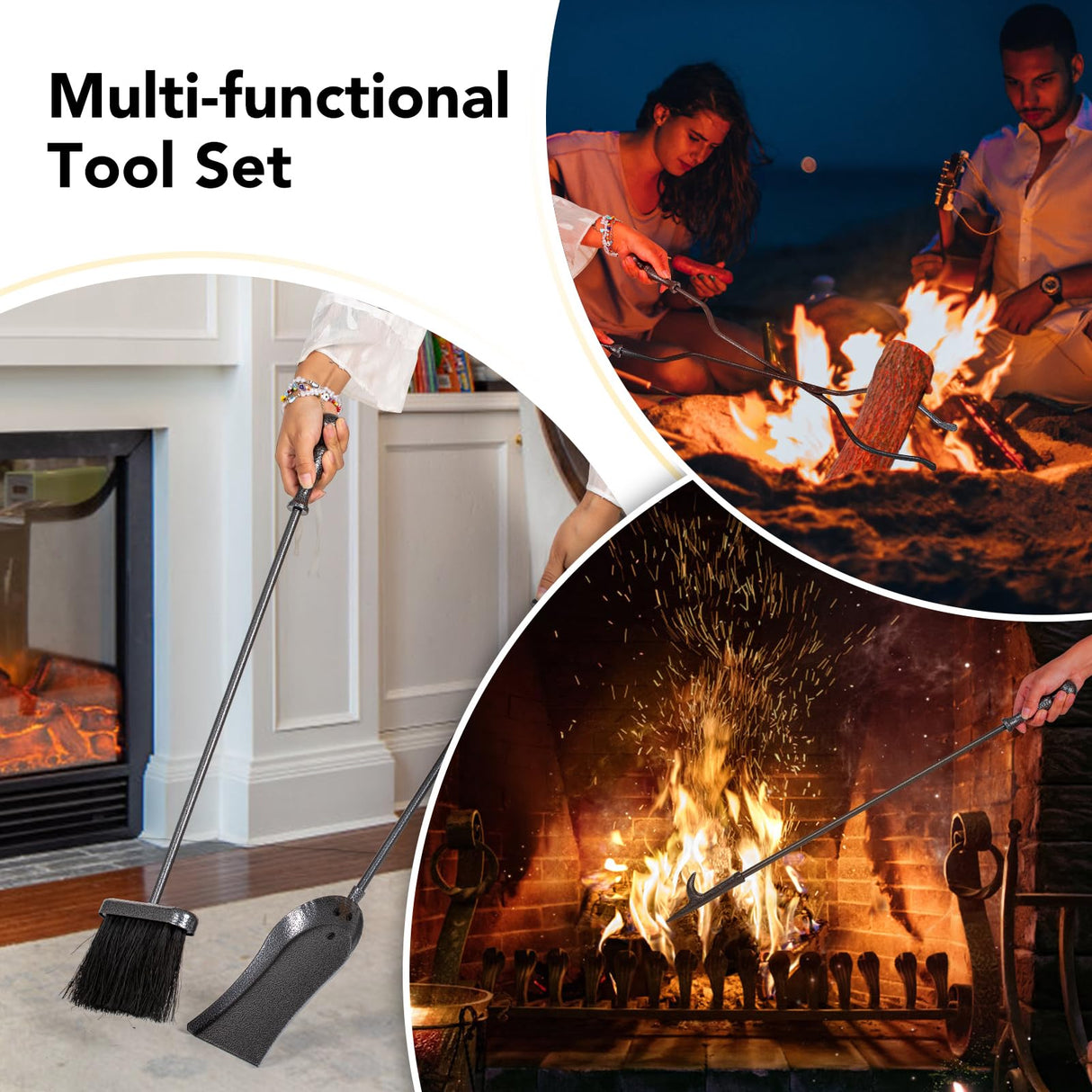 5 Pieces Fireplace Tools Set, Wrought Iron with Silver Pattern Fireplace Accessories Set