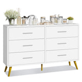 Shintenchi 6 Drawer Dresser, White Double Dresser for Bedroom, Modern Chest of Drawers TV Stand, Wooden Storage Organizer for Living Room, Entryway, White and Gold Dresser