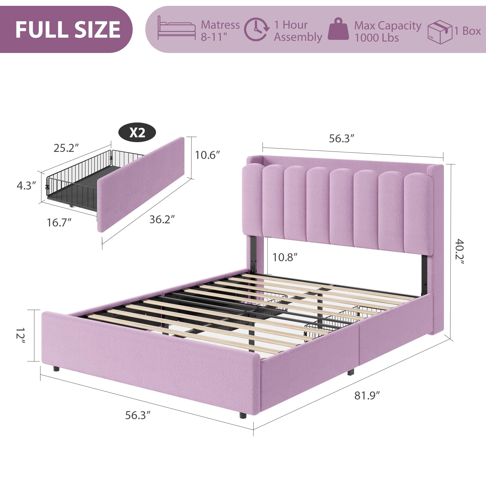 Full LED Bed Frame with Storage Drawers & Bookcase Headboard