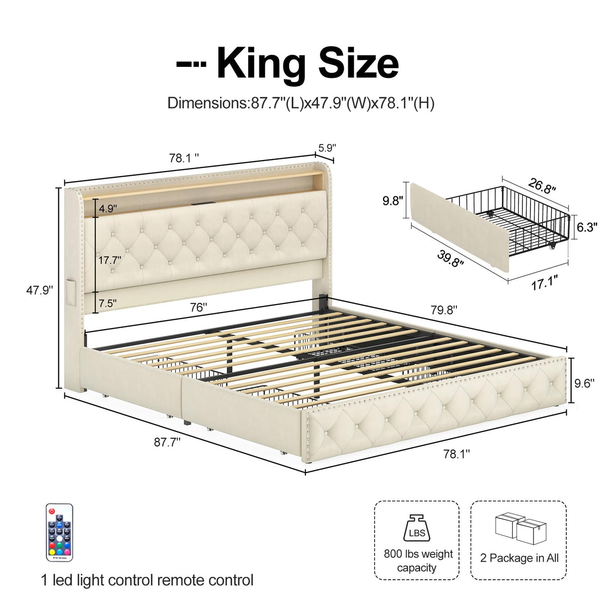 King Size Bed Frame with LED Lights & USB Charging Station, Velvet Upholstered Platform