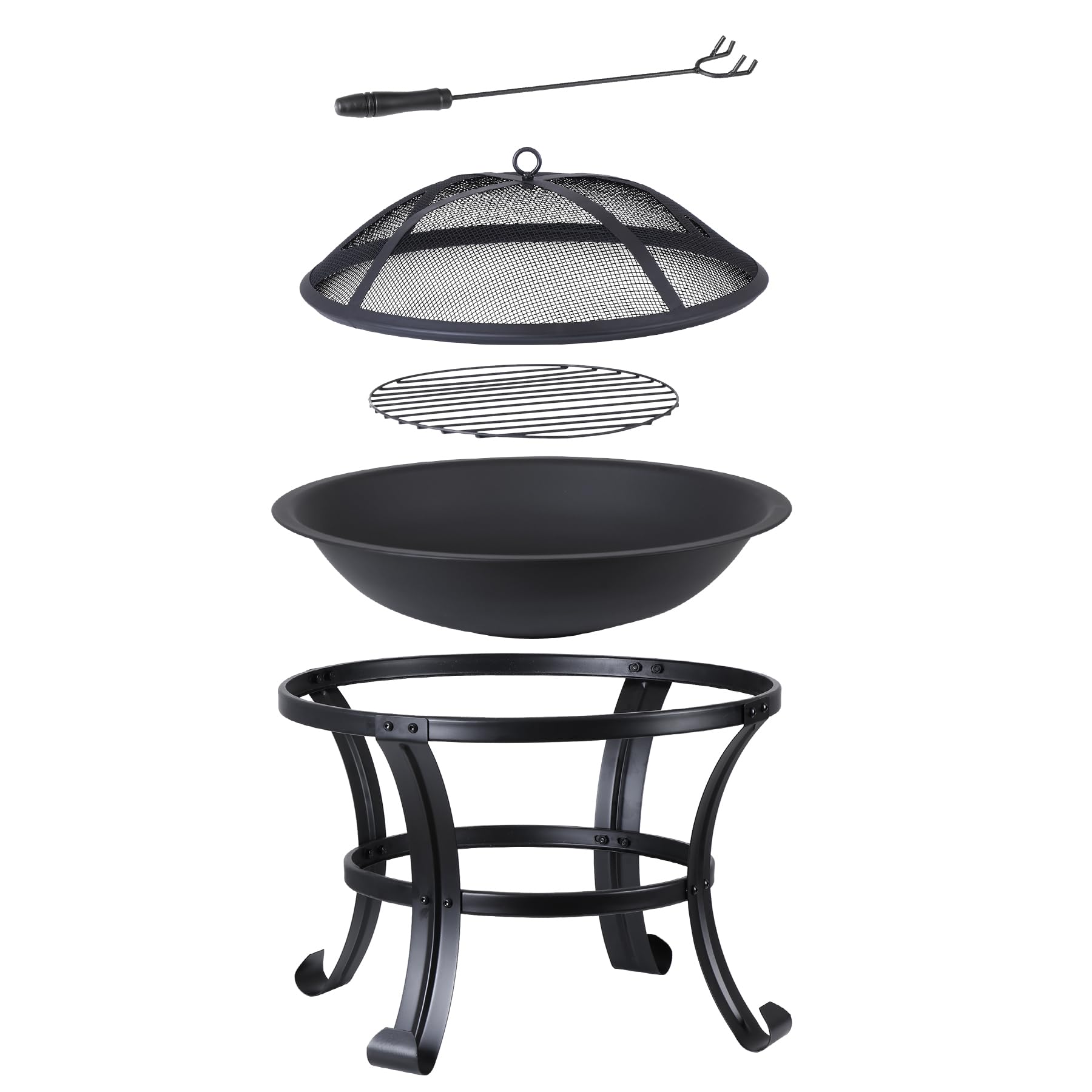 22Inches Fire Pit Outdoor Steel Wood Burning BBQ Grill Firepit Bowl Fireplace with Mesh Screen & Fire Poker, Log Grate - Bircata