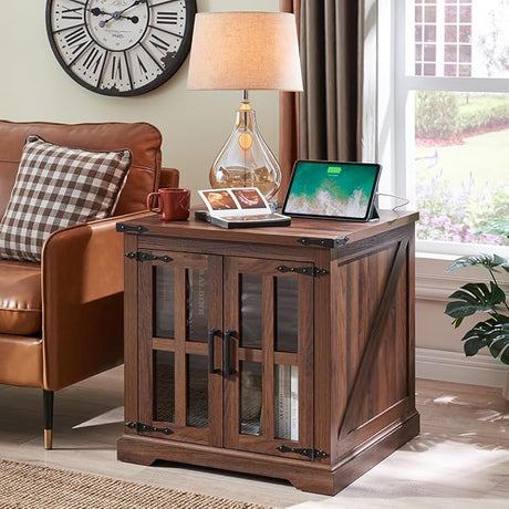 Farmhouse End Table with Charging Station,24" Large Sofa Side Table