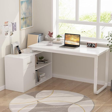 Office Computer Desk Corner Desk with 2 Drawers and 2 Open Cubes