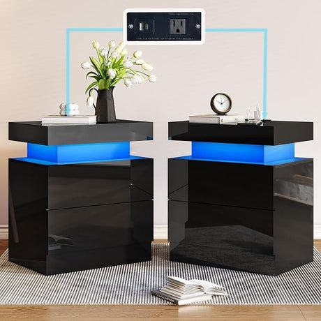 High Gloss LED Nightstand Set of 2 with Charging Station, Modern Bedside Table Night Stand