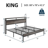 King Size Bed Frame Industrial Platform Bed with Charging Station, 2-Tier Storage