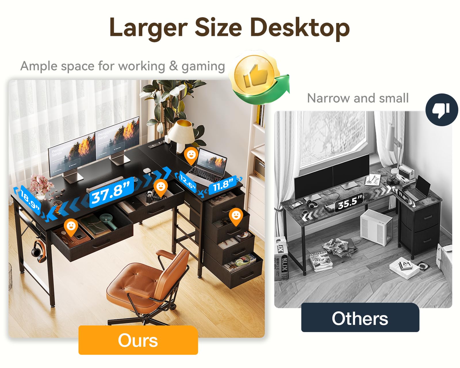 50 Inch L Shaped Desk with Drawers, Computer Desk with Power Outlets