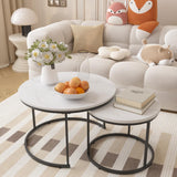 Round Nesting Coffee Table Set of 2, 27.6 inch White Marble Pattern Wooden Table Top