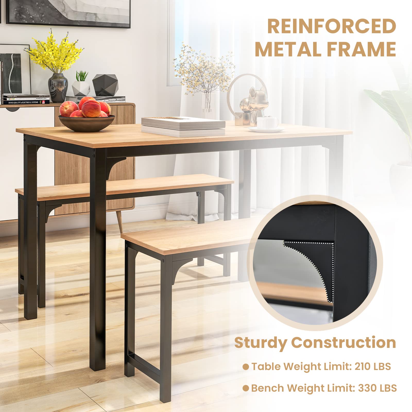 3-Piece Dining Table Set with Bench - Modern Space-Saving Dinette