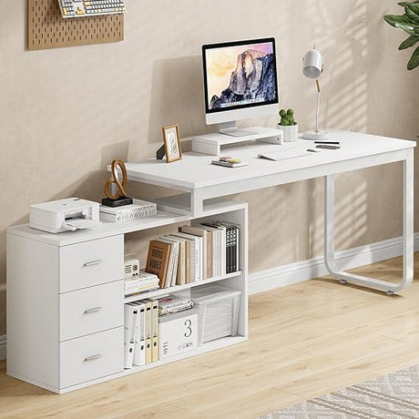 Desk with 3 Drawers, Home Office Computer Desk with Storage Shelfs