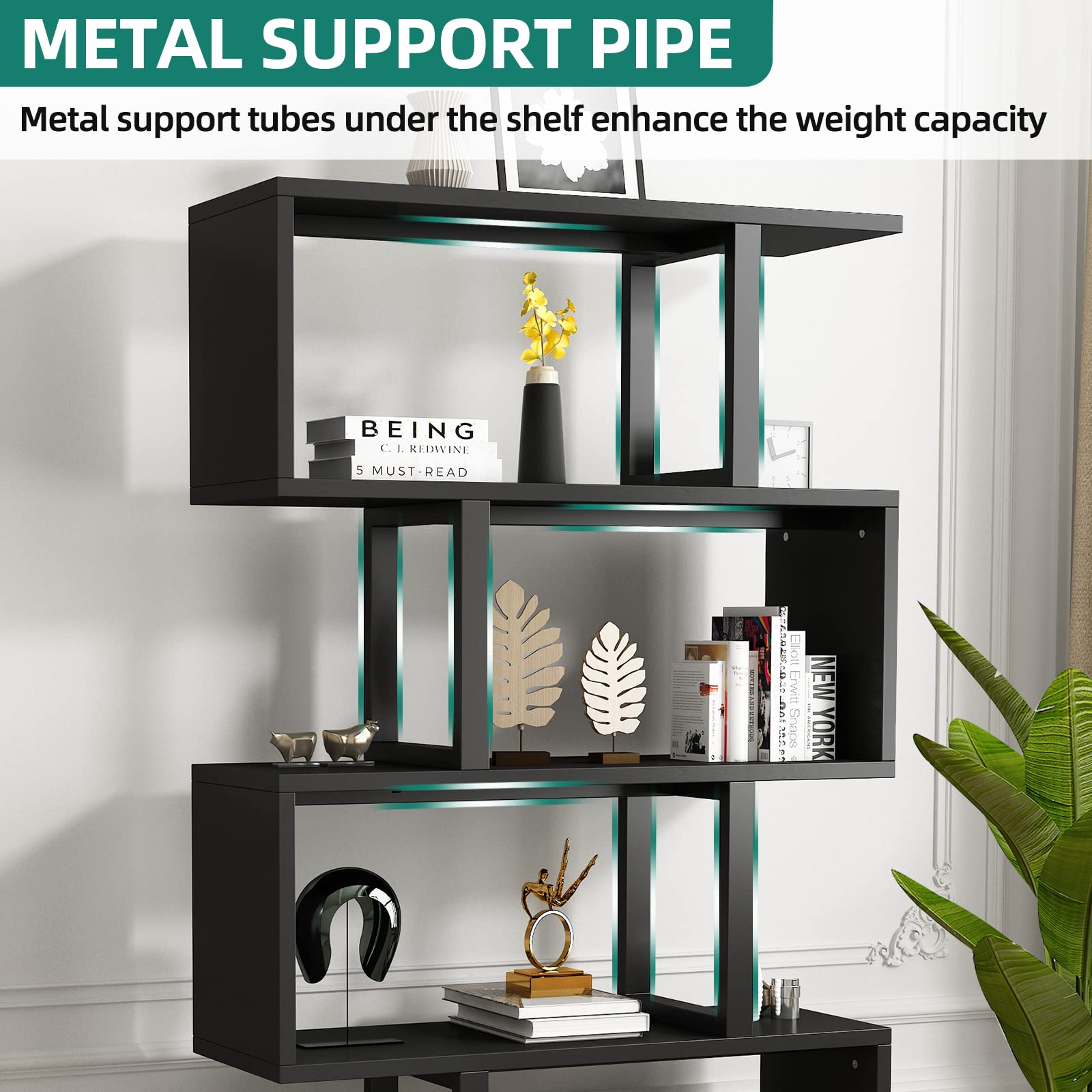 5-Tier Bookshelf, S-Shaped Z-Shelf Bookshelves and Bookcase, Modern Freestanding Multifunctional Decorative Storage Shelving for Living Room Home Office, Black