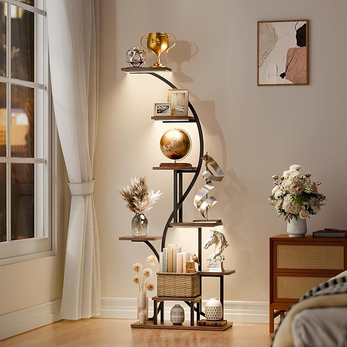 8 Tier Corner Shelf with Light, 65" Tall Coner Display Shelves