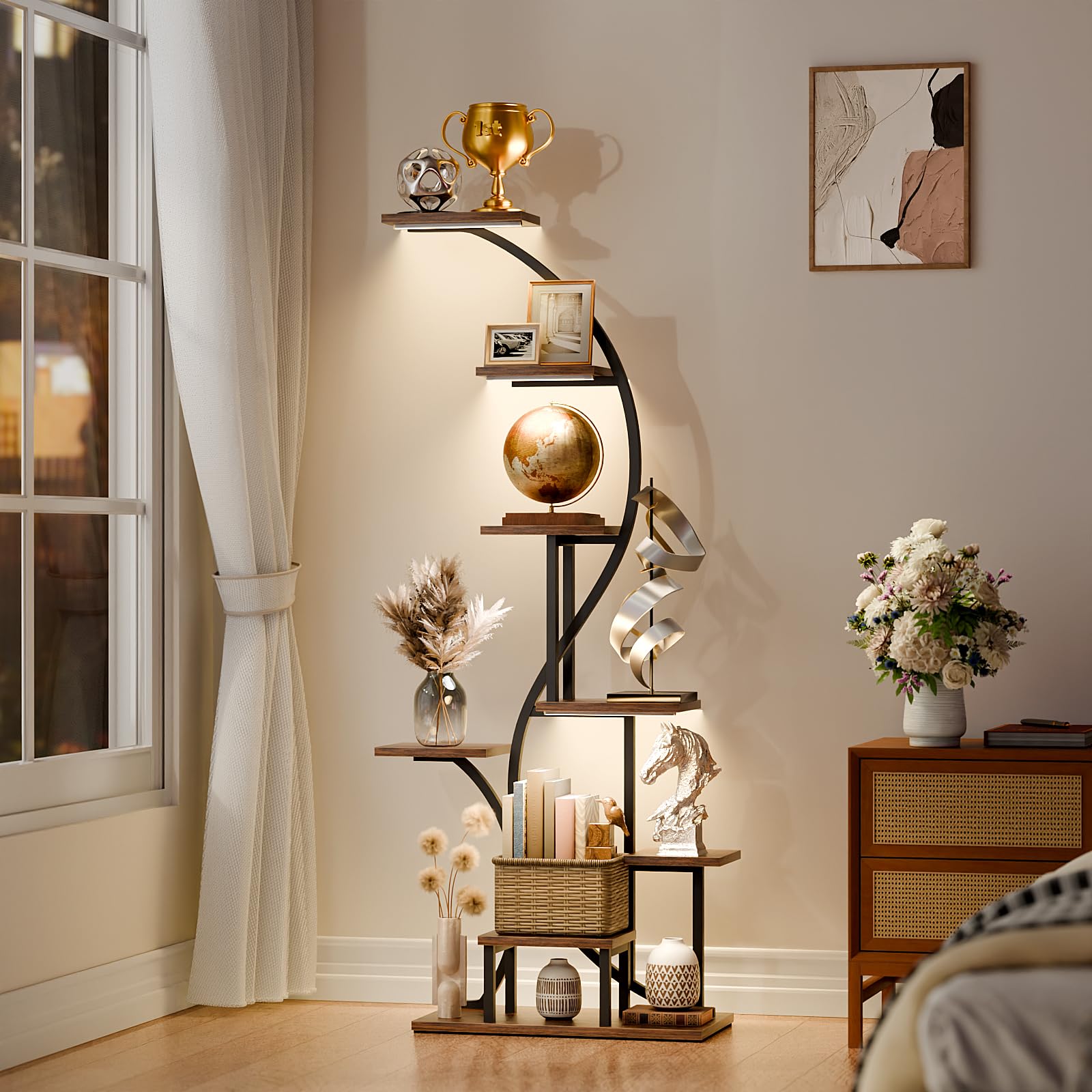 8 Tier Corner Shelf with Light, 65" Tall Coner Display Shelves