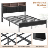 Queen Metal Bed Frame with Wooden Headboard and LED Charging Station