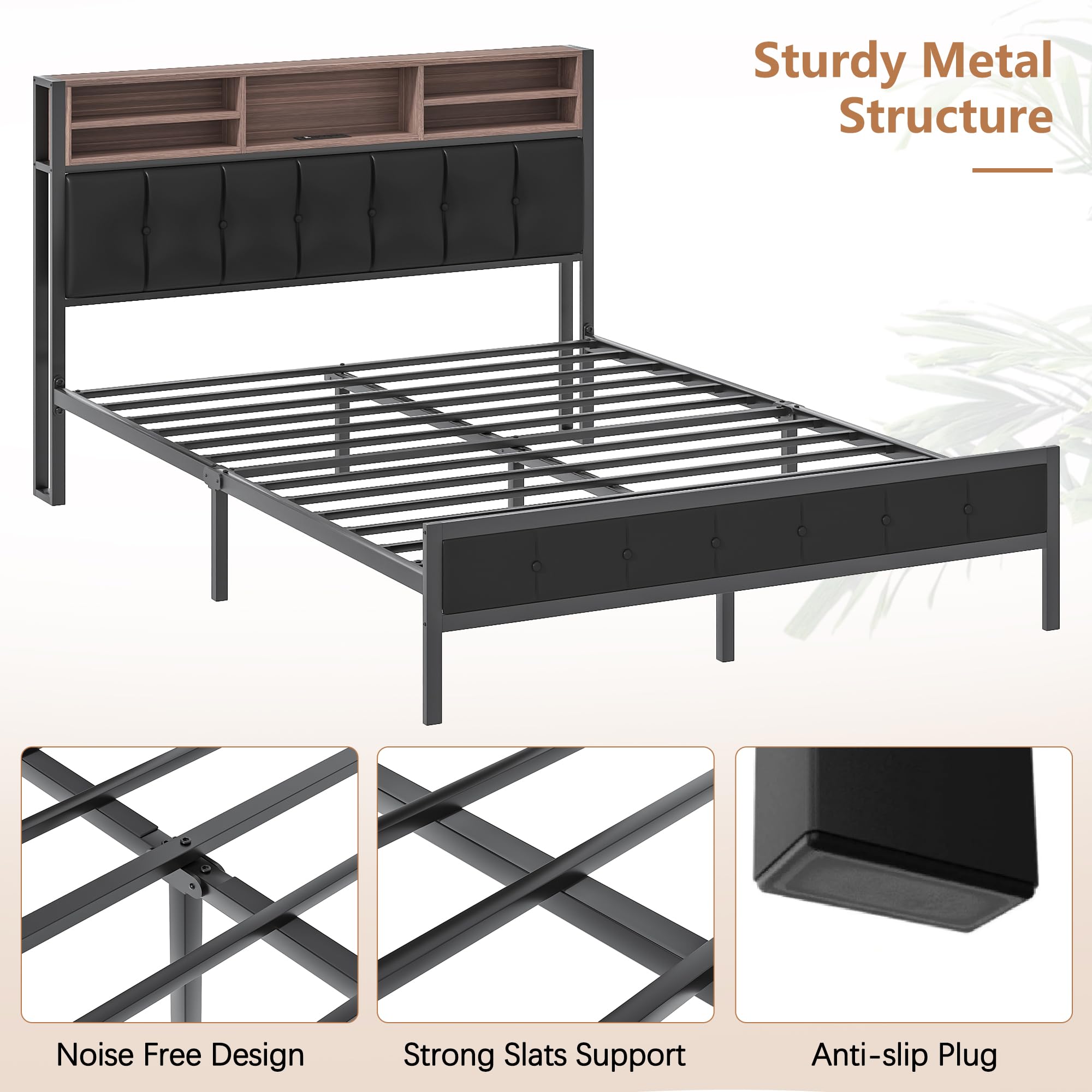 Queen Metal Bed Frame with Wooden Headboard and LED Charging Station