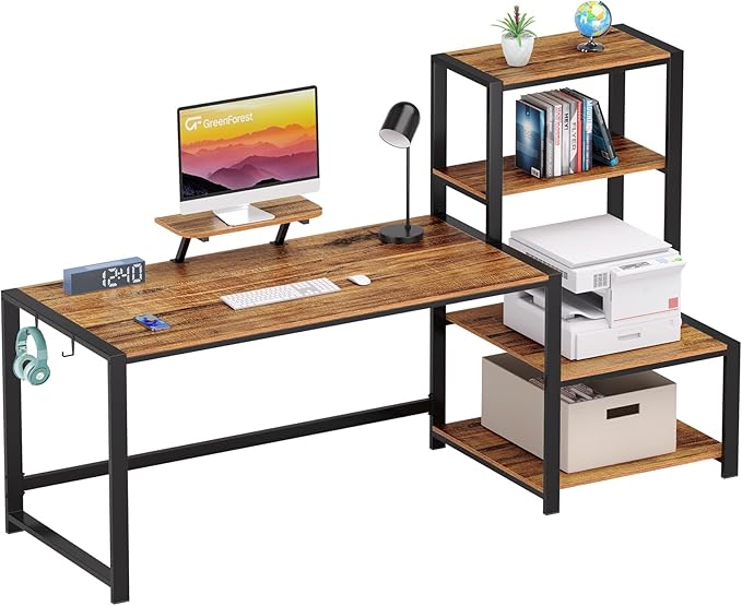 Office Desk 58 inch with Printer Shelf, Reversible Computer Desk with Movable Monitor