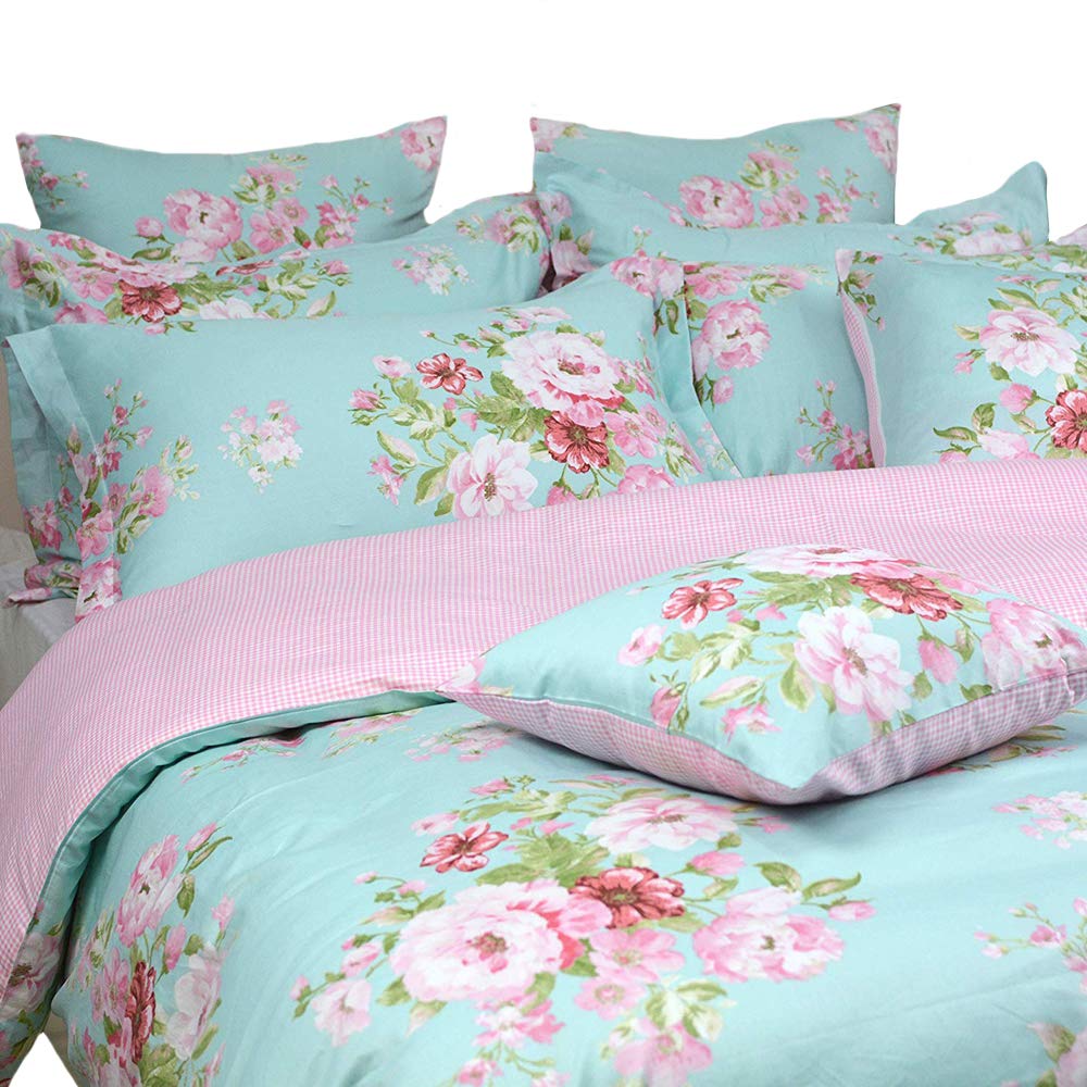 Shabby Floral Duvet Cover Set Pink Grid Cotton Farmhouse Bedding with Hidden