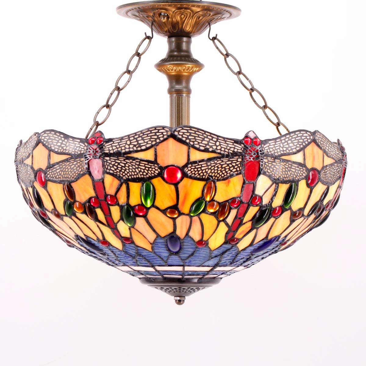 Tiffany Dragonfly Ceiling Light - 16 Inch Stained Glass Semi Flush Mount