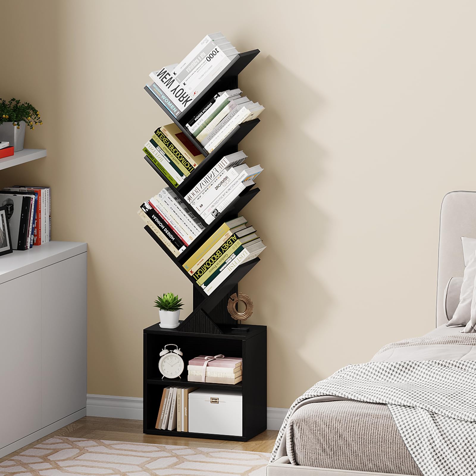 Vagusicc 6 Tier Tree Bookshelf, Modern Floor Standing Bookcase with Storage Drawer, Space Saving Storage Organizer Book Shelves for Books, Tall Wood Storage Rack for Bedroom/Living Room/Home Office