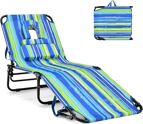 GYMAX Tanning Chair, 350lbs Beach Lounge Chair with Face Hole, Washable Pillow & Carry Strap, Adjustable Folding Chaise Lounge, Layout Chair for Outside, Patio, Poolside, Lawn (1, Beige)