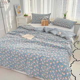 Blue Floral Queen Size Comforter Set, Pink Flower Green Leaf Print Pattern