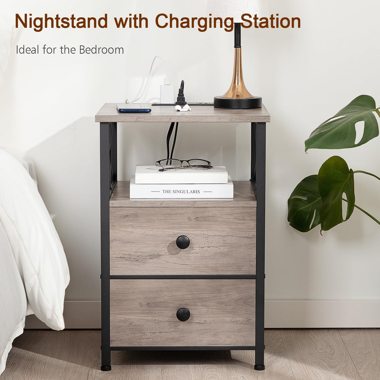 Night Stand Set 2, Nightstand with Charging Station, End Tables Living Room