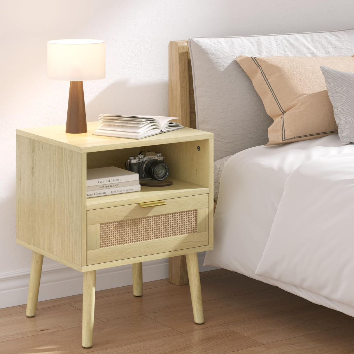 Rattan Nightstand, Boho Side Table with Drawer Open Shelf, Wood Accent Bedside End