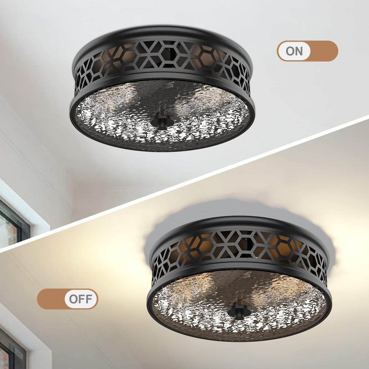 12 Inch Flush Mount Ceiling Light with Rippled Glass - 2 Light Vintage Black Fixture