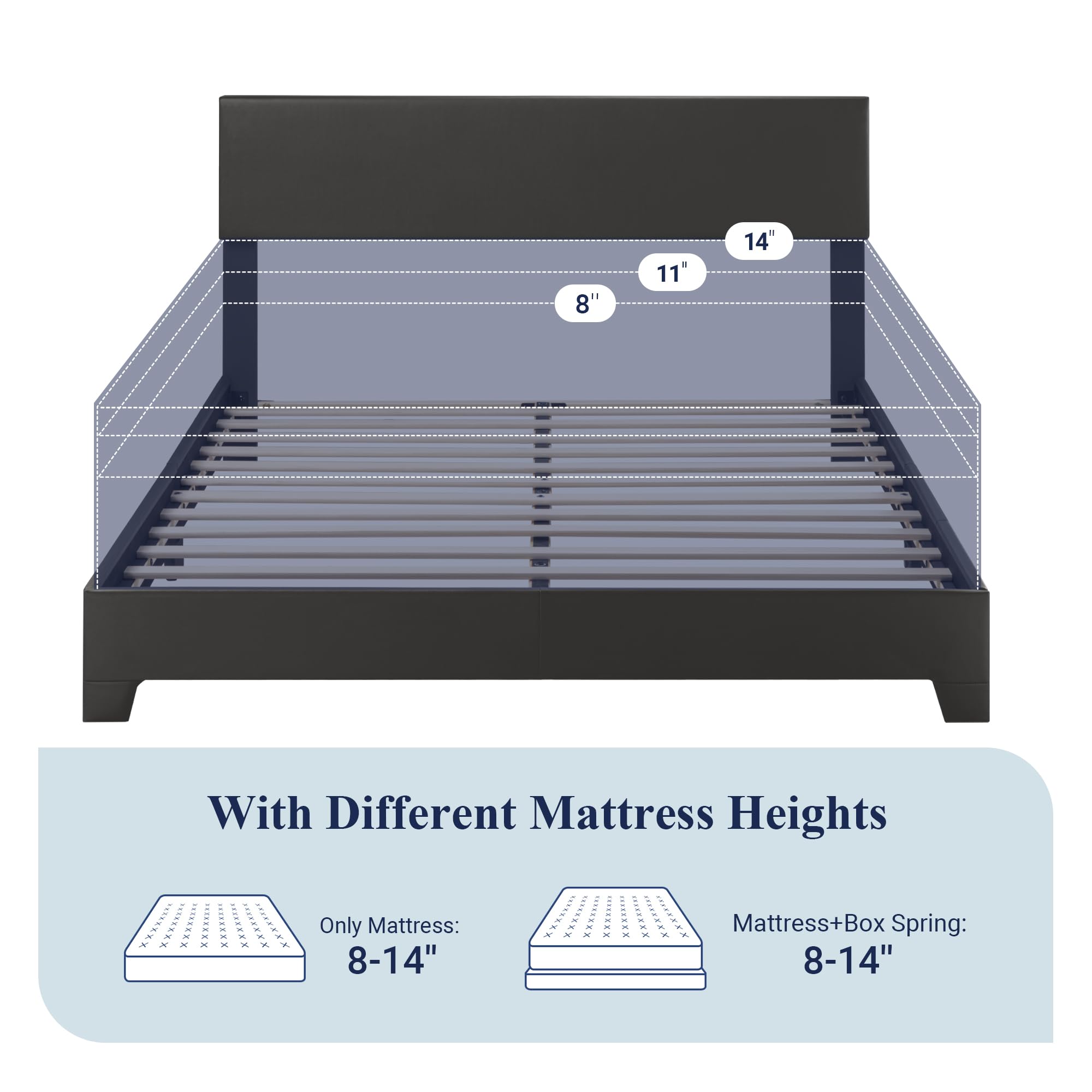 Full Size Bed Frame with Adjustable Headboard, Faux Leather Platform Bed with Wood