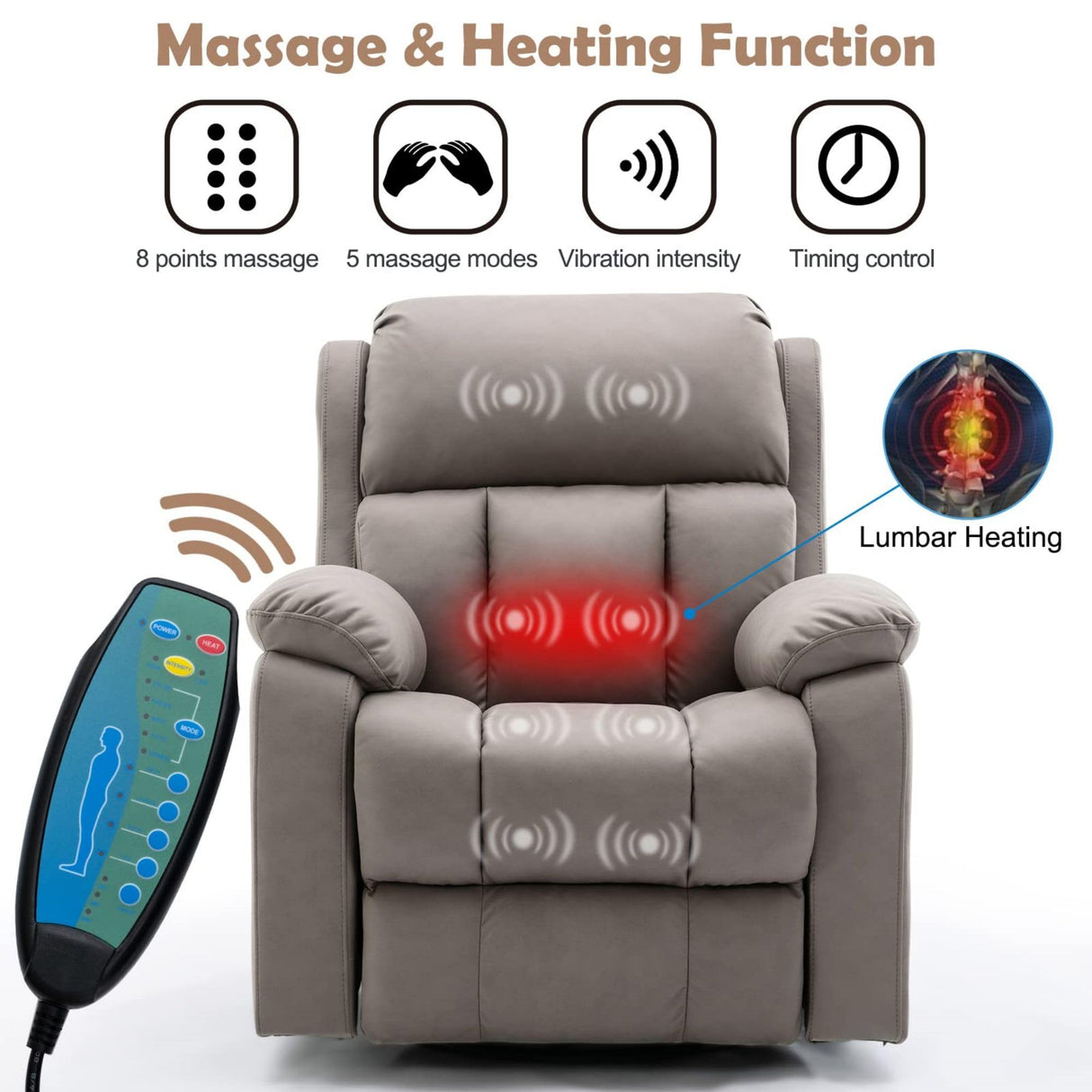 Swivel Rocker Recliner Chair with Heat and Massage, 360 Degree Swivel Rocking Recliner