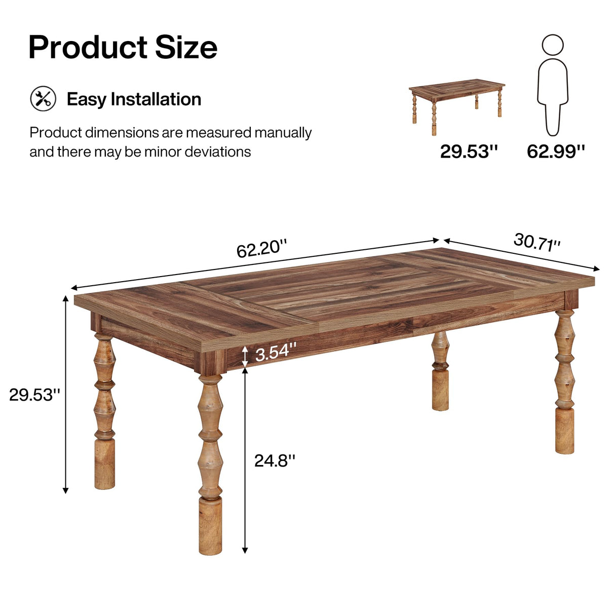 62” Wood Dining Table for 4-6 People, Farmhouse Large Rectangle Kitchen Table,