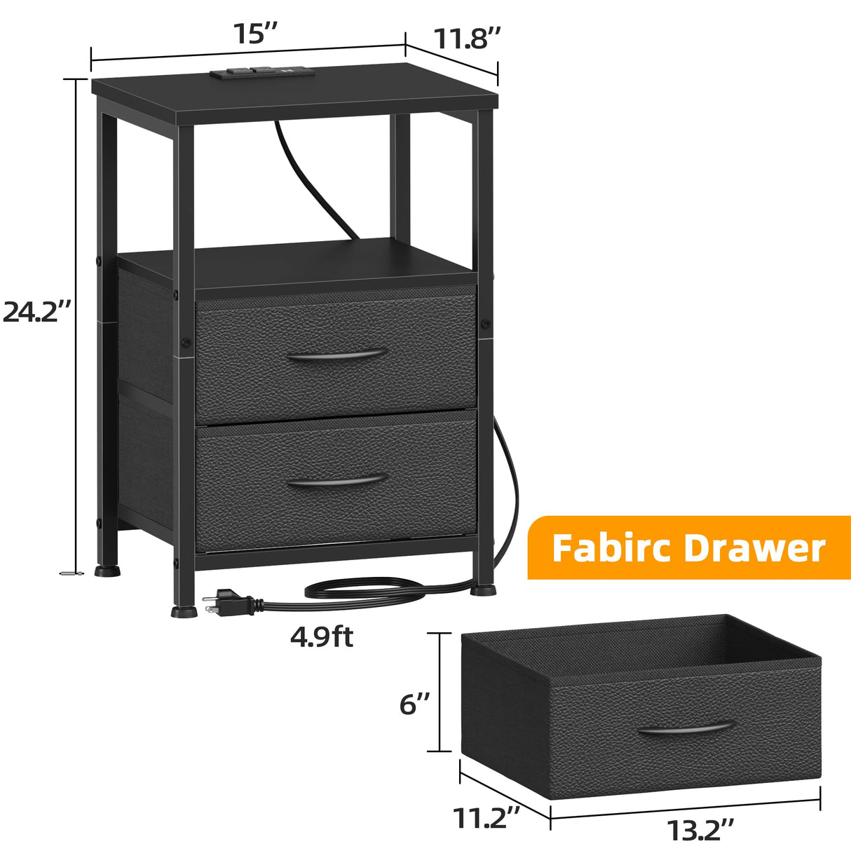 Night Stand with Charging Station and 2 Fabric Drawers, Side Table