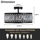 16" Black Crystal Ceiling Light - 3-Light Semi Flush Mount Chandelier