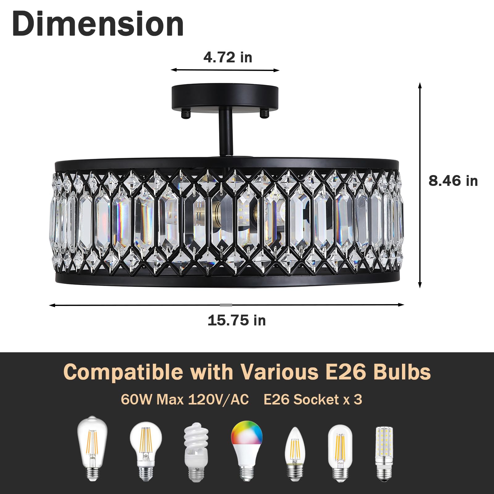 16" Black Crystal Ceiling Light - 3-Light Semi Flush Mount Chandelier