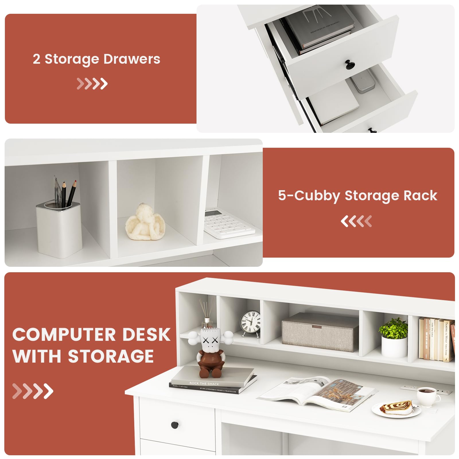 White Desk with Drawers & Hutch, Modern Home Office Desk Writing Study Desk