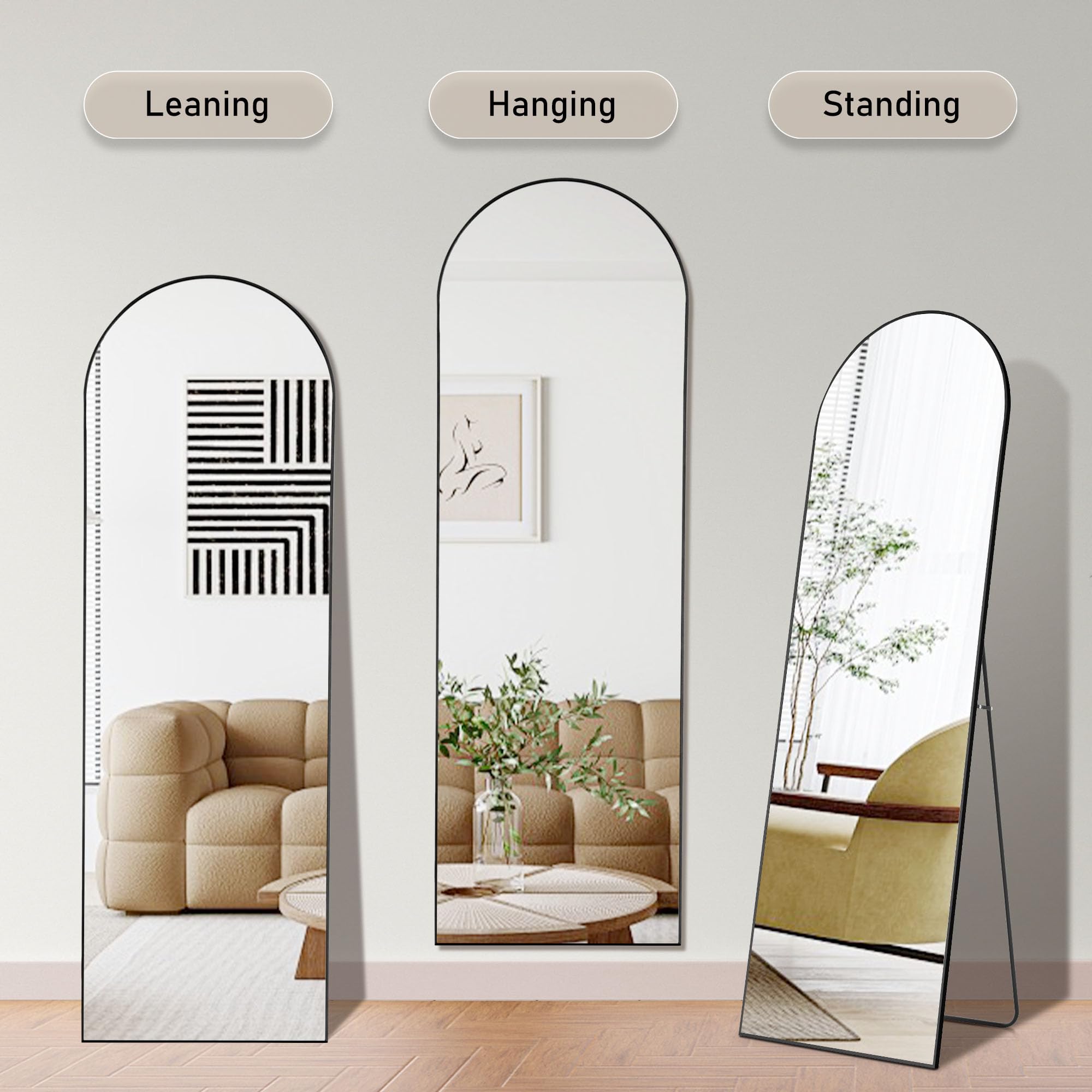 Arched Full Length Mirror 64.1" x 21.5" - Black Aluminum Frame Floor Standing