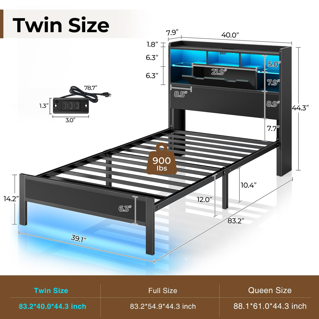Twin Bed Frame with LED Headboard and Charging Station