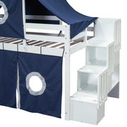 Designs House Loft Bed with Slide and Storage Stairs, Wood Kids Loft Bed with Tent and Tower