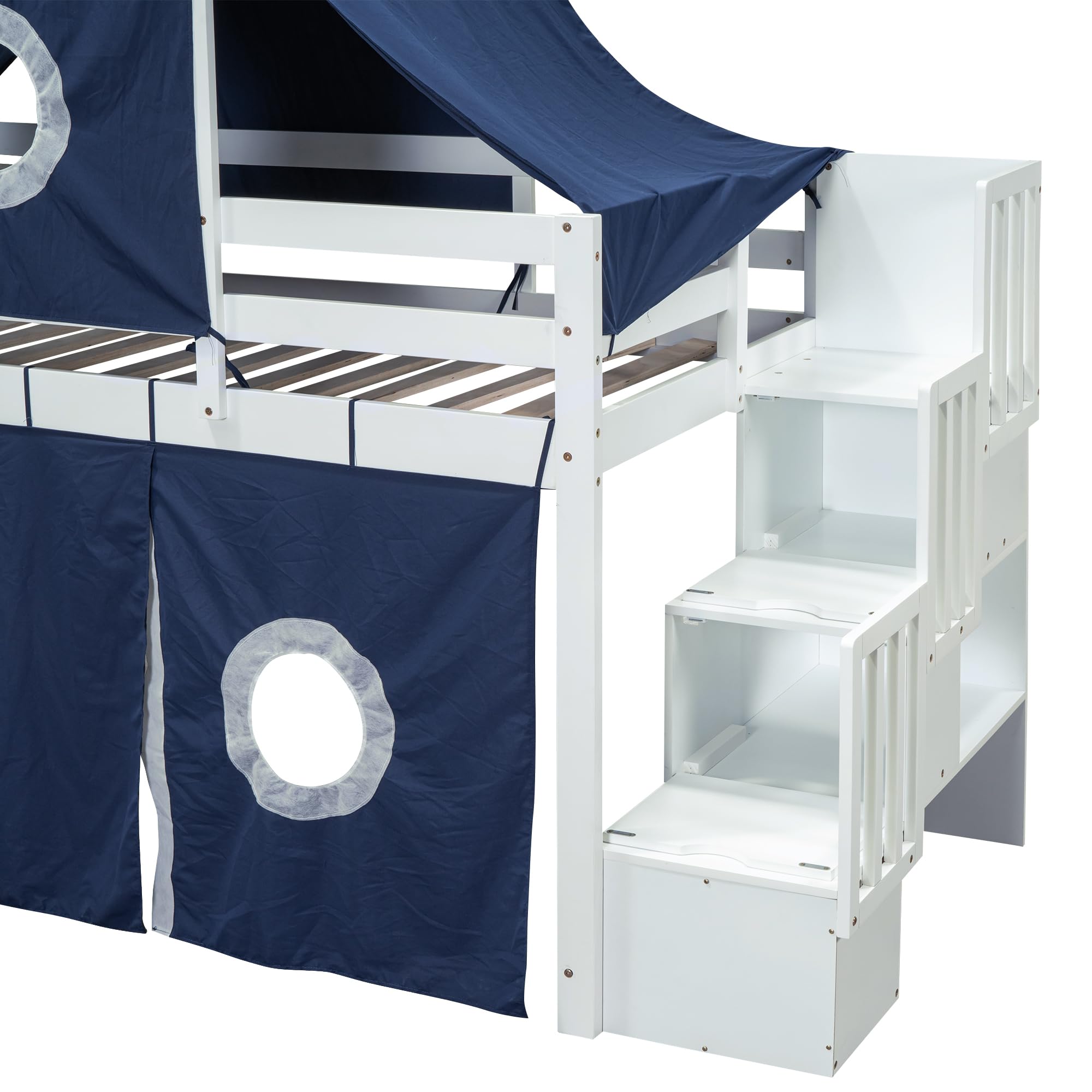 Designs House Loft Bed with Slide and Storage Stairs, Wood Kids Loft Bed with Tent and Tower