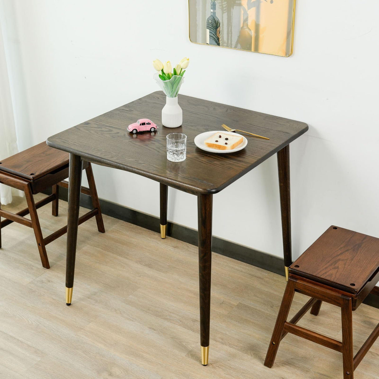 Dining Table 31.5“, Square Small Solid Wood Kitchen Table with Copper Decor for 2, Mid Century