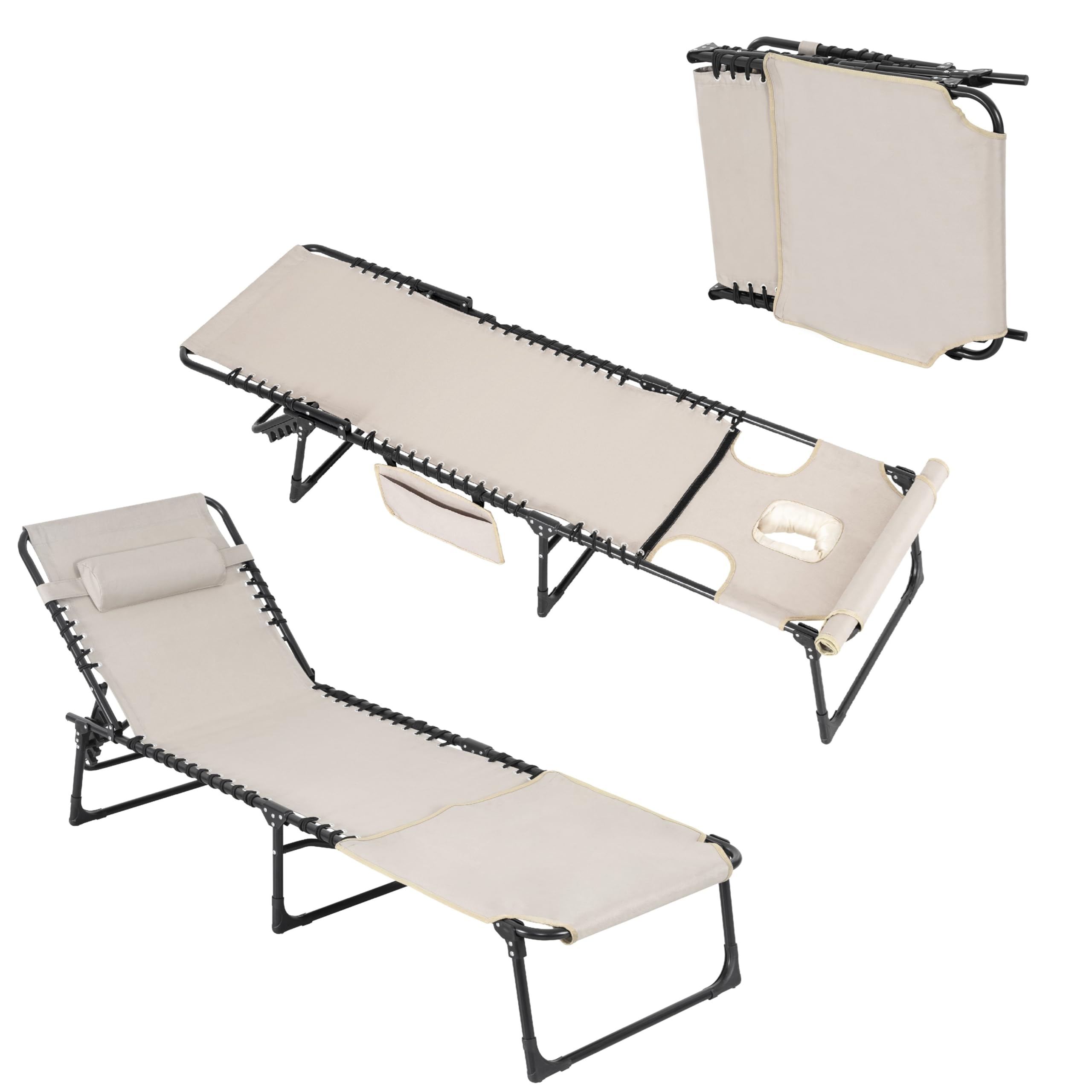 Oxford Chaise Lounge Chair, Patio Tanning Chair with Face Hole Adjustable 5-Position