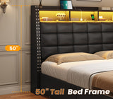 Full Size Bed Frame with Storage Headboard and 4 Drawers, 50" High Upholstered