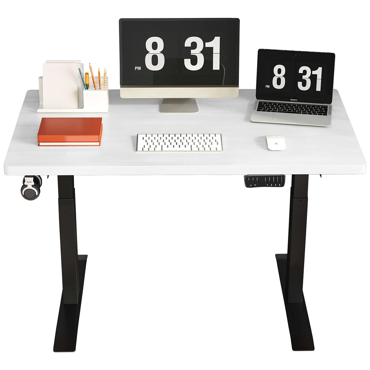 IYEE NATURE Electric Standing Desk Adjustable Height Desk, 40 x 24 Inches Stand up Desk, Ergonomic Design Home Office Desk, Sit Stand Desk with Splice Board/Black Frame/White Top