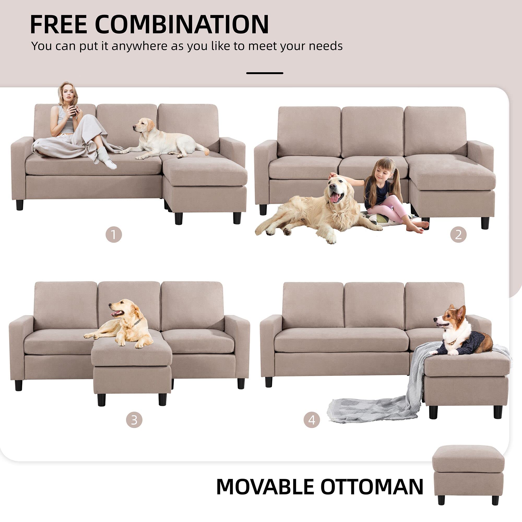 Convertible Sectional Sofa Couch, Modern Linen Fabric L-Shaped Couch 3-Seat Sofa