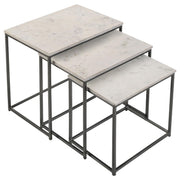 Agi 3 Piece Nesting Side Table Set, Square Marble, Metal Frame, Gray and White