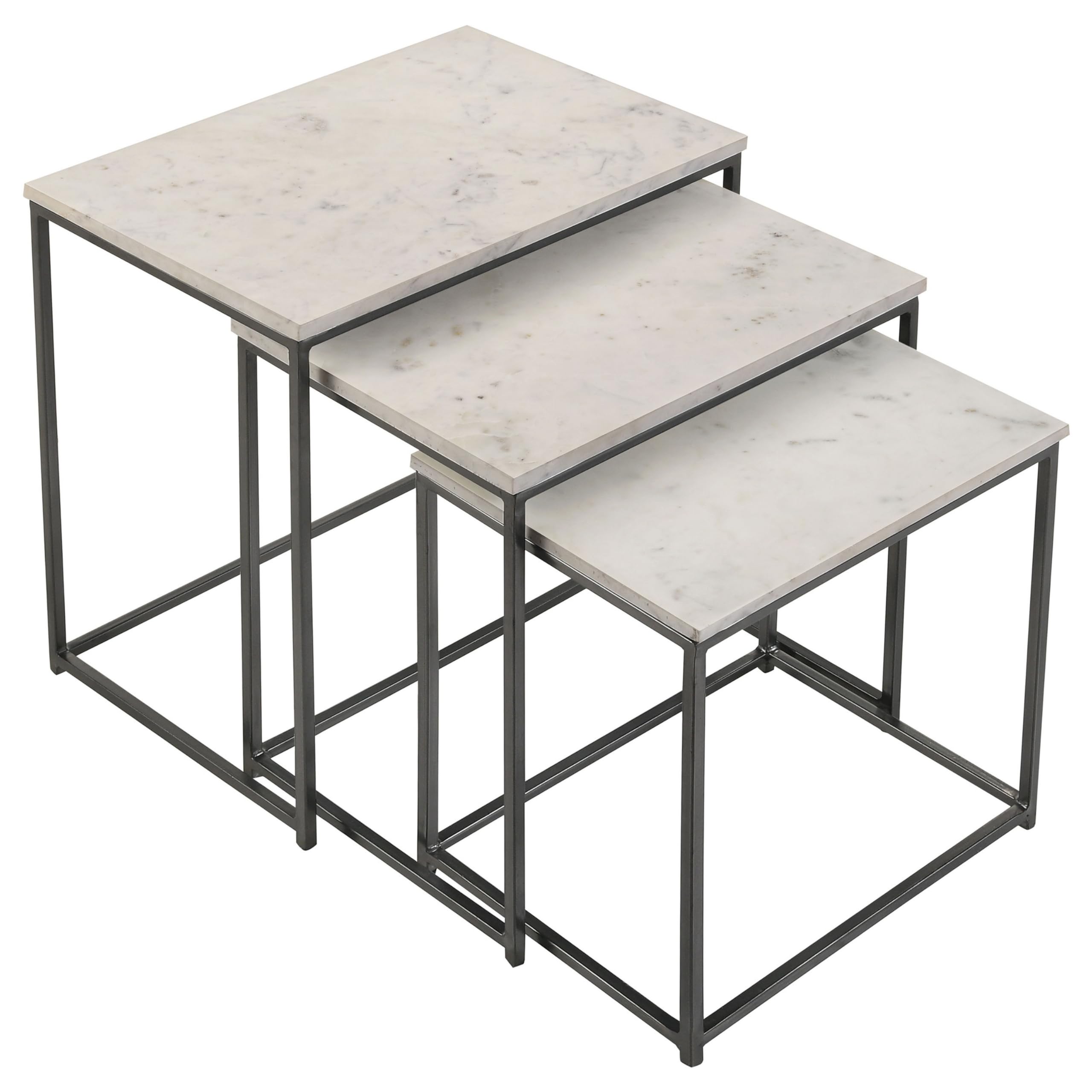 Agi 3 Piece Nesting Side Table Set, Square Marble, Metal Frame, Gray and White