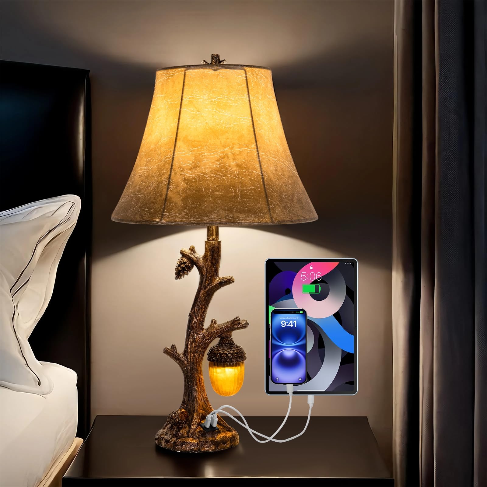 Vintage Rustic Table Lamp with USB Charging & 3-Level Brightness