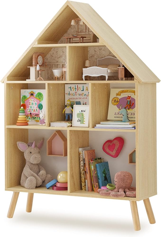 Kids Dollhouse Bookshelf and Baby Storage - Wooden Stand Dollhouse Bookcase