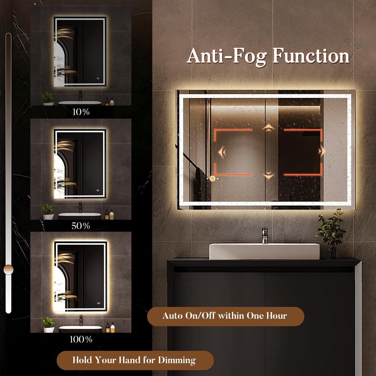 LED Bathroom Mirror 24x32 - Dimmable, Anti-Fog, Hand Wave Control