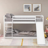 Twin Over Twin Low Bunk Bed with Slide & Ladder for Kids Bedroom,Sturdy Wood Floor Bunkbed w/Safety Guardrails